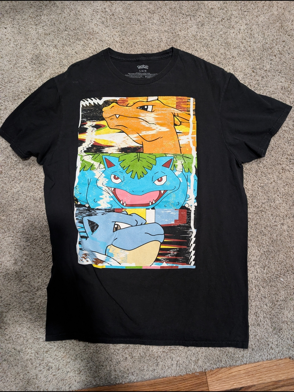 Black Graphic Tee with Orange, Teal & Blue Pokemon Trio